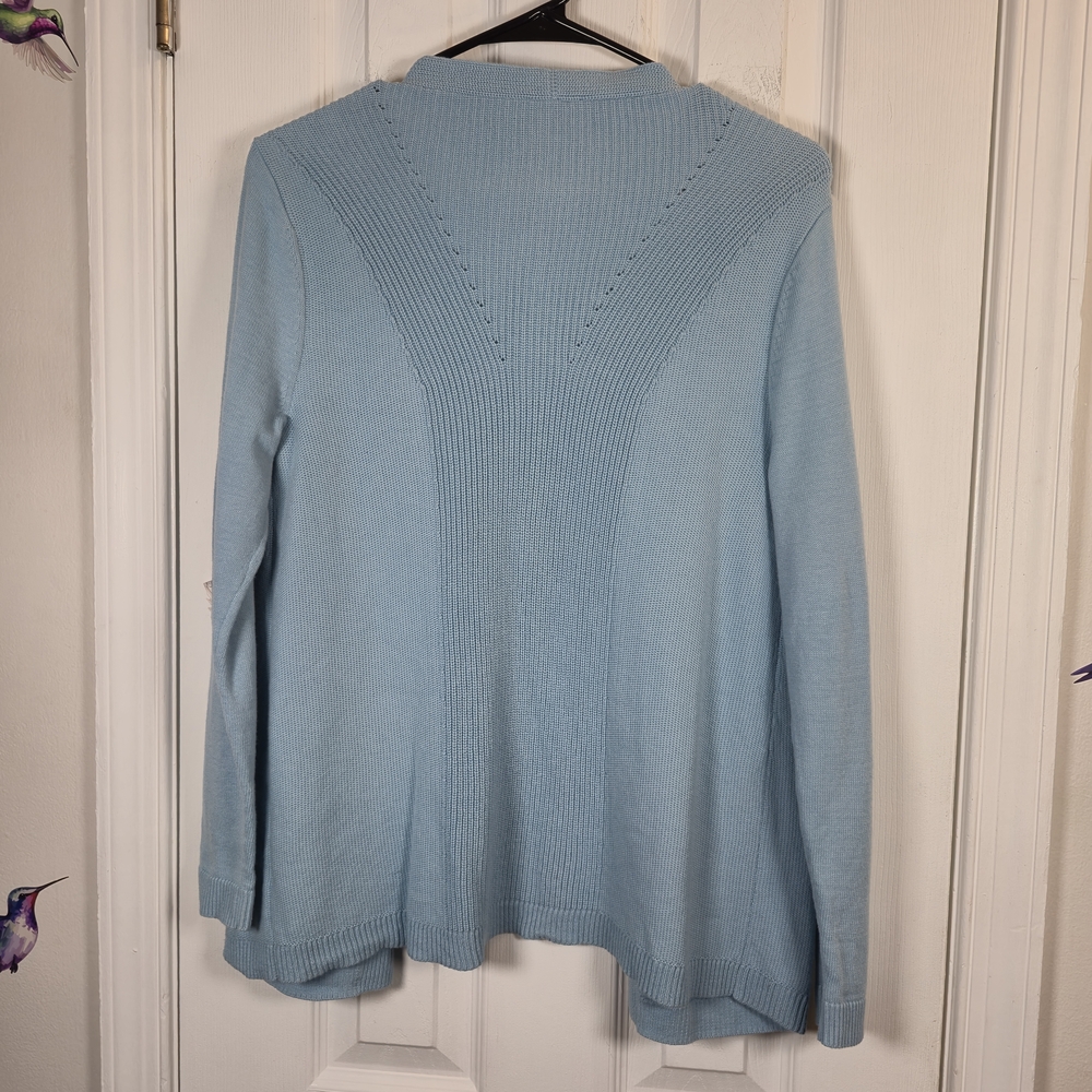 Talbots Petite Blue 100% Cotton Cable Knit Open Front Cardigan Sweater Pockets - Picture 3 of 7